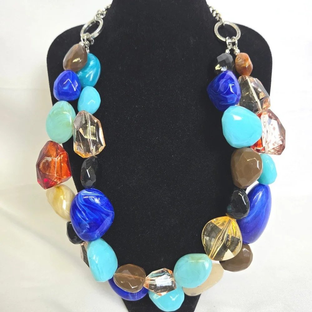 Roman‎ RMN Double Stranded Chunky Beaded Statement Necklace, Silver Tone Chain